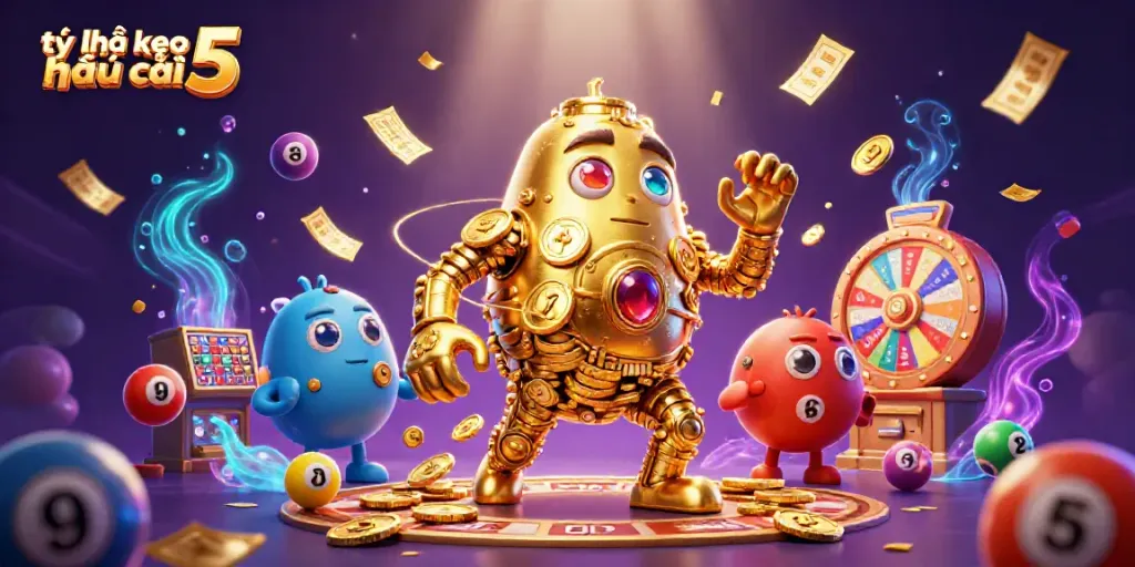 Engaging scene of tỷ lệ kèo nhà cái 5 showcased with a golden golem amidst vibrant lottery elements, enhancing excitement.