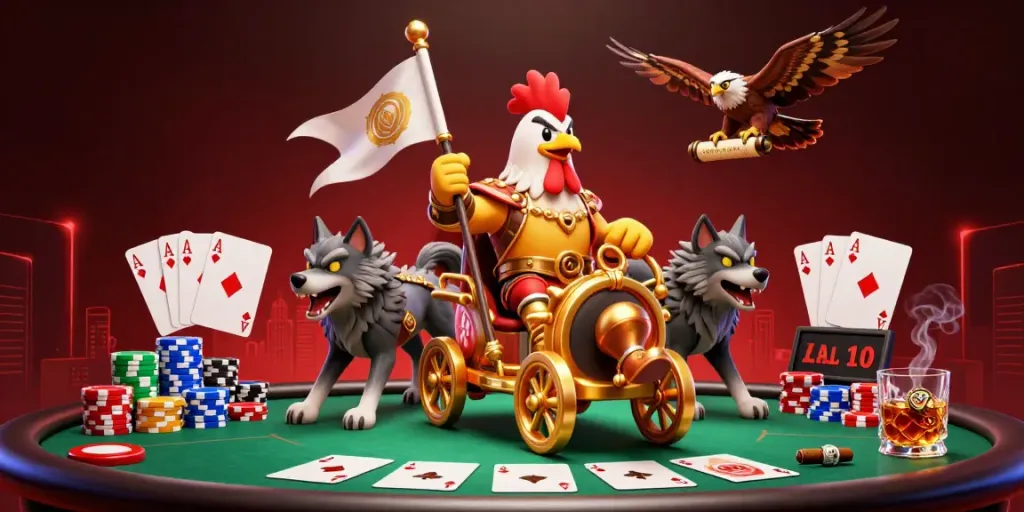 Experience the excitement of LLWIN with a 3D cartoon scene featuring a rooster warlord in a vibrant casino.