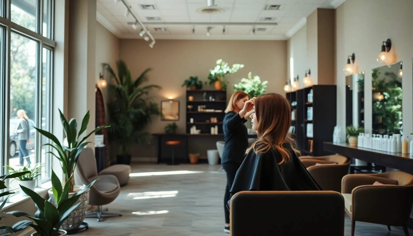 Aveda salon San Diego interior featuring expert stylist with client highlights in a serene, eco-friendly setting.