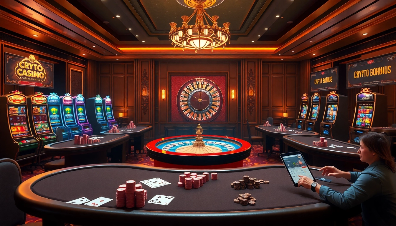 The excitement of the best crypto casinos reflected in a luxurious virtual casino with elegant gameplay.