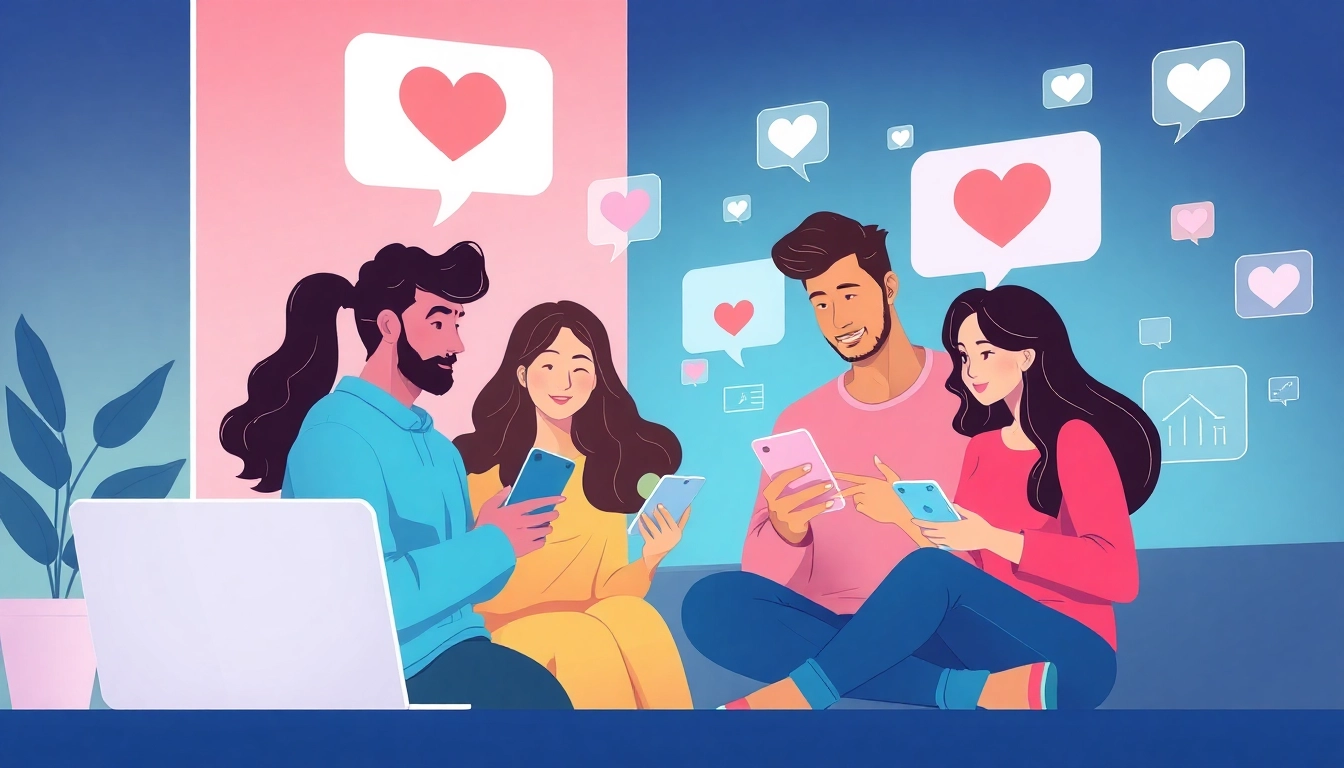 Engaging illustration of crushon AI technology creating emotional connections through diverse characters and smart devices.