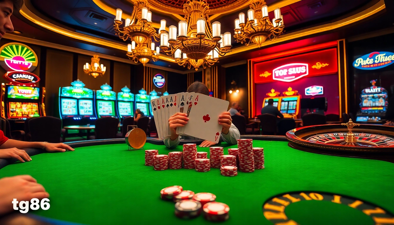 Experience the thrill of tg88 at a high-stakes poker table with vibrant casino ambiance.