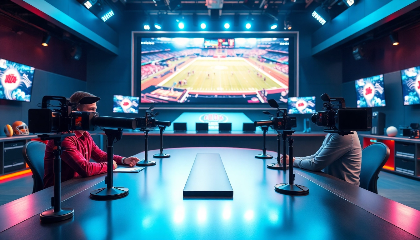 Engaging sports broadcasting scene in a modern studio with announcers and live coverage.