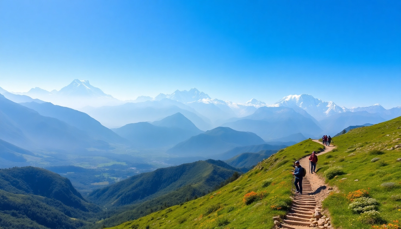 Experience the beauty of sandakphu trek with trekkers on a winding trail surrounded by mountains. related image