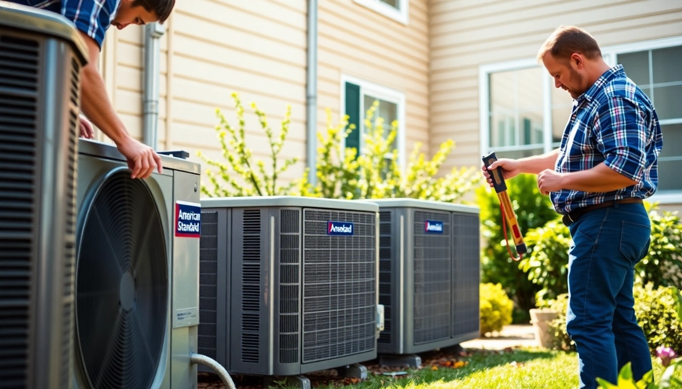Technicians installing American Standard heat pumps in a well-lit residential environment. related image